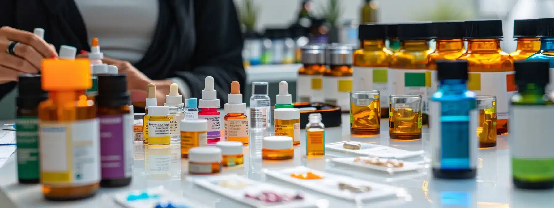 a person examining different sublingual thc products on a sleek, modern counter, with colorful labels and informational pamphlets spread out in front of them.