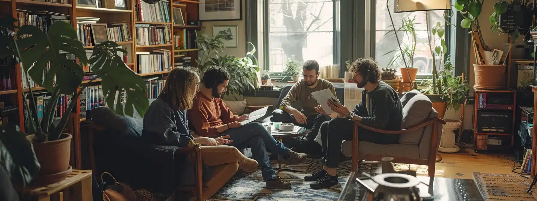 a group of people in a cozy, well-lit living room engaged in a lively discussion about the latest advancements in sublingual thc, surrounded by informative posters and pamphlets.