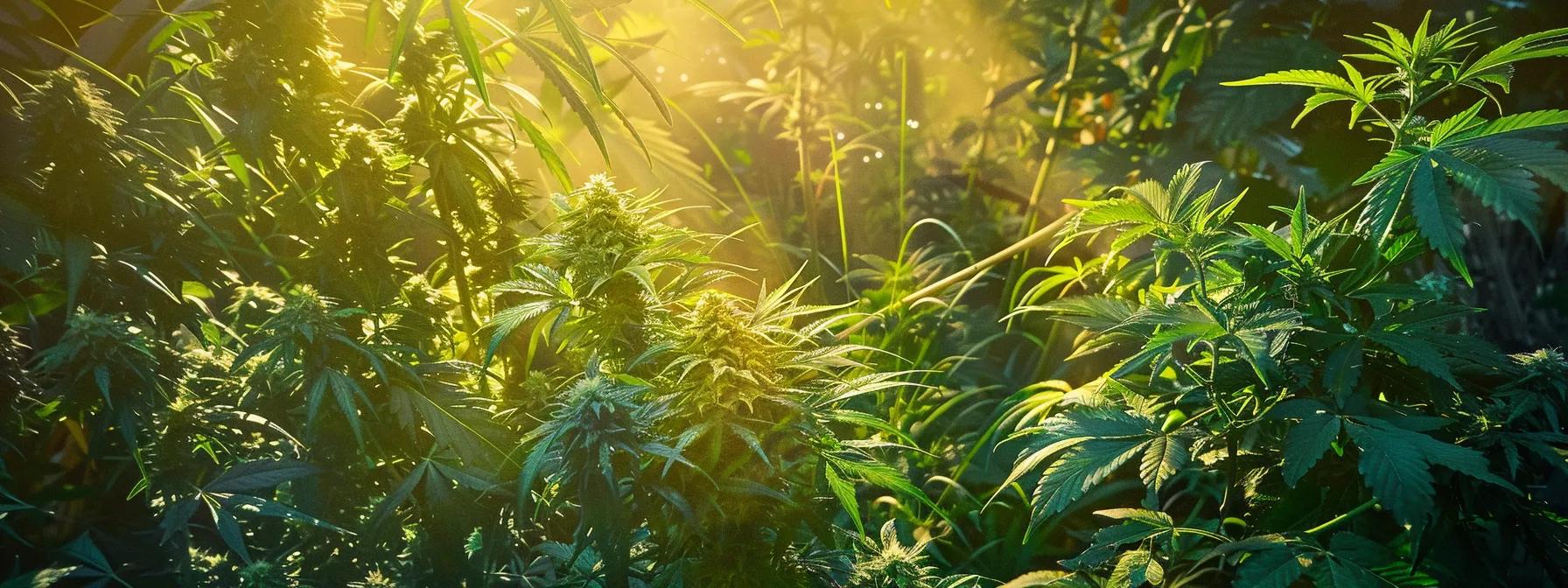 a vibrant, sunlit cannabis garden showcases lush hybrid plants, their rich green leaves glistening with a hint of golden trichomes, symbolizing the diverse effects and potencies awaiting exploration.