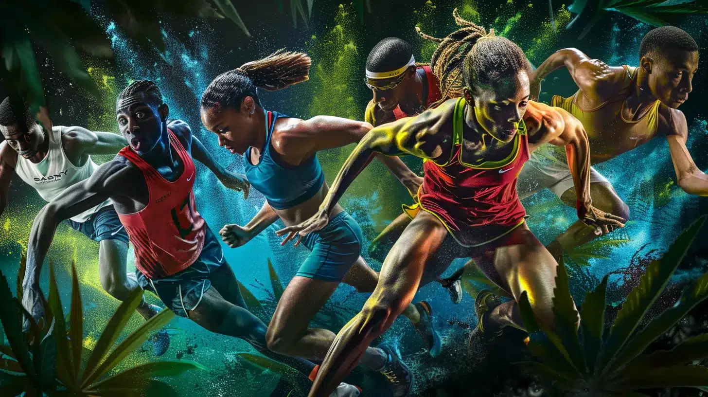 a dynamic collage of diverse athletes in action, showcasing vibrant energy and determination, set against a backdrop of lush greenery symbolizing the natural benefits and alternative wellness of cannabis use in sports.