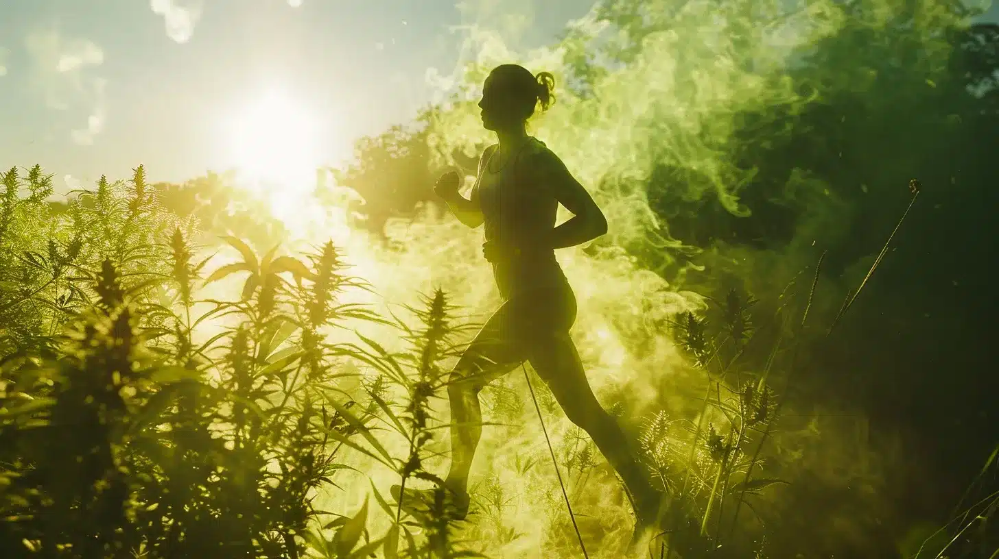 a dynamic depiction of a runner in motion, surrounded by ethereal wisps of green light symbolizing cannabis's influence on the endocannabinoid system, as the sun sets in the background casting a warm glow on the terrain.